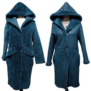 NewReal Lamb Fur Shearling Sheepskin Coat Jacket Hood Reversible Teal Blue